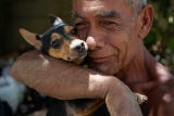 Un hombre abraza a su perro rescatado de los escombros de un edificio afectado por los terremotos, este miércoles, en La Guaira (Venezuela).