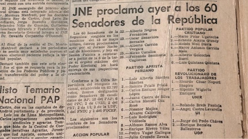 Recorte periodístico de julio de 1980 que informa sobre la proclamación de 60 senadores electos de la época