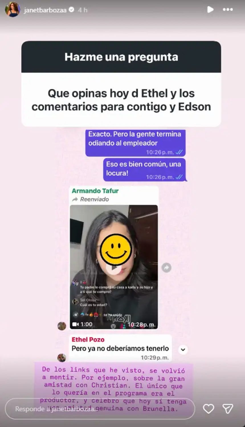 Janet Barboza niega que haya amistad entre Ethel Pozo y Christian Domínguez.