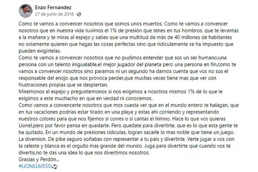 La carta de Enzo Fernández dirigida a Lionel Messi.