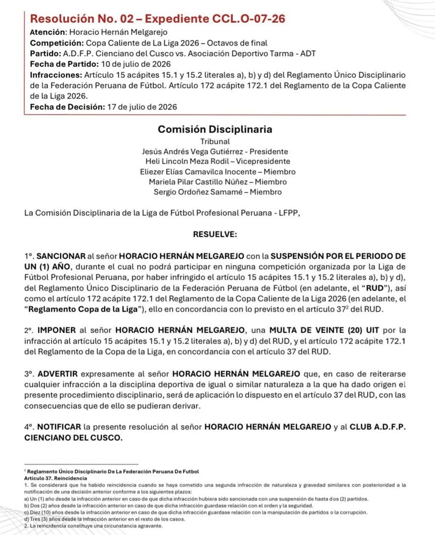 La resolución de la sanción a Horacio Melgarejo.