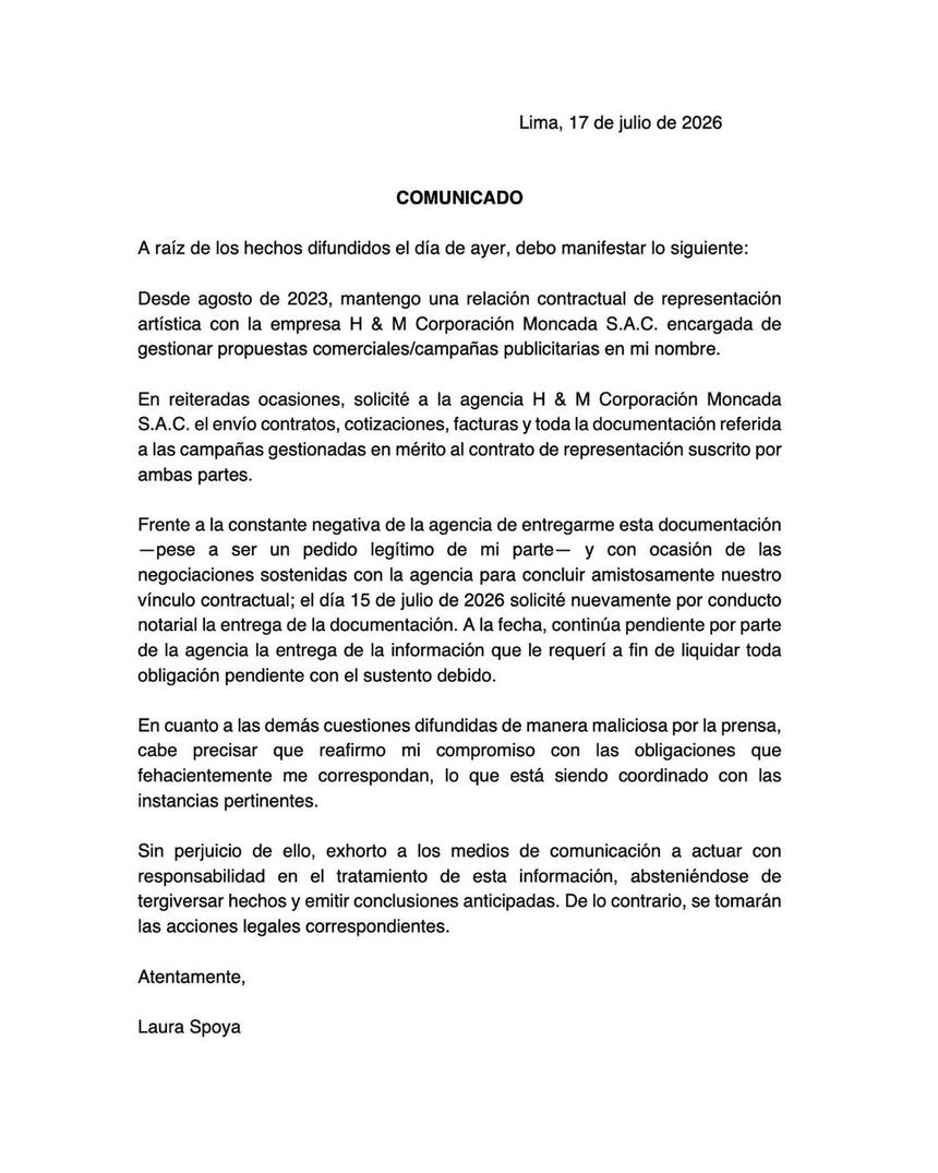 Laura Spoya lanzó un comunicando aclarando su situación tras choque vehicular.