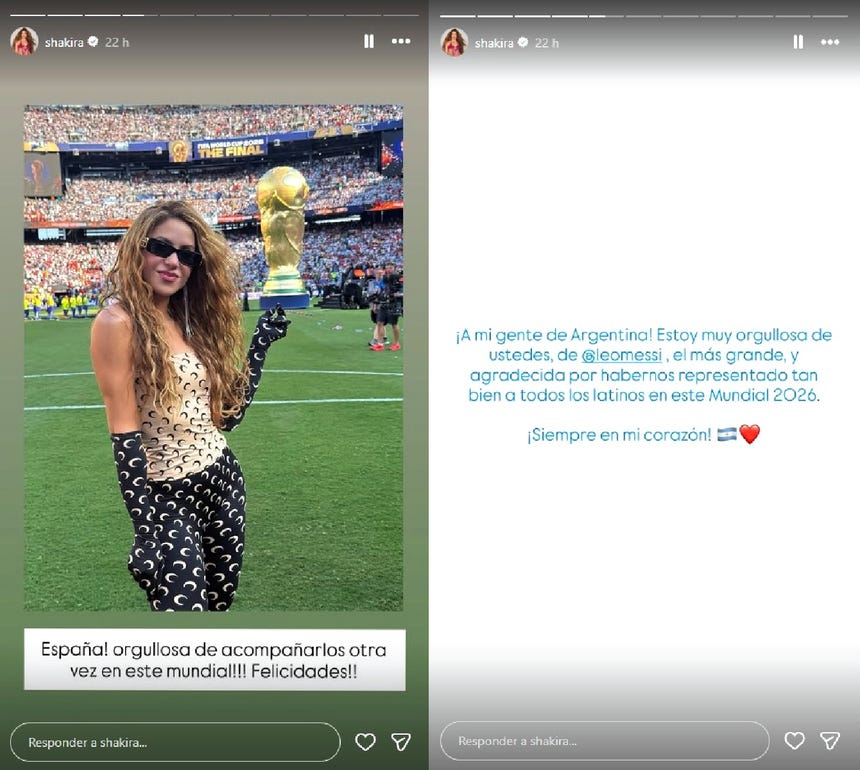 Shakira envía mensaje a Argentina tras perder la final ante España el último domingo.