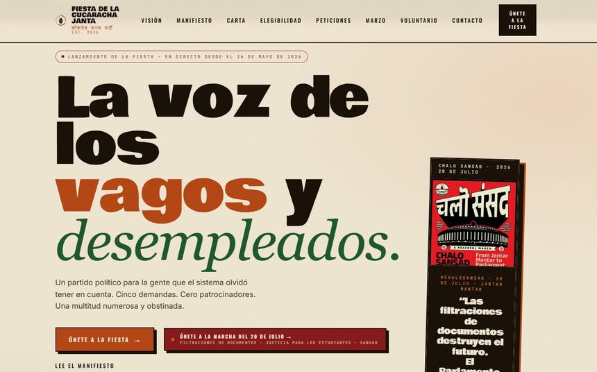 Portal digital del Partido de las Cucarachas. Destaca el lema 