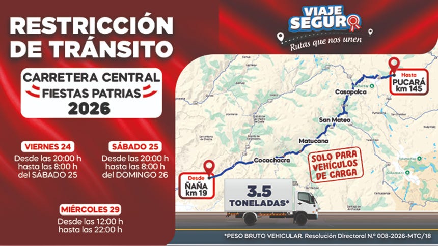 Restricciones en la Carretera Central por Fiestas Patrias. 