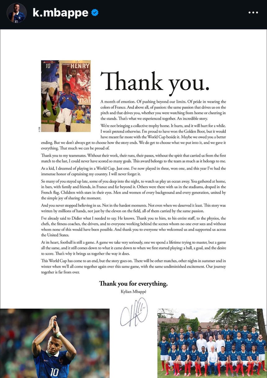 La carta de Kylian Mbappé en sus redes sociales.