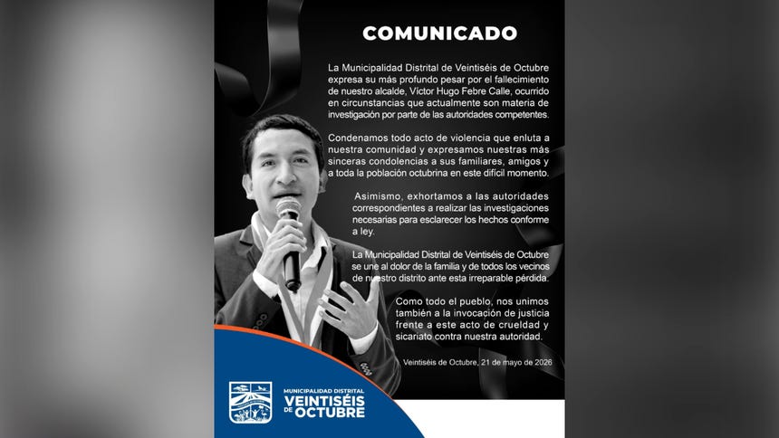 La Municipalidad de Veintiséis de Octubre (Piura) expresó sus condolencias, luego de que Víctor Hugo Febre fuera asesinado por delincuentes.