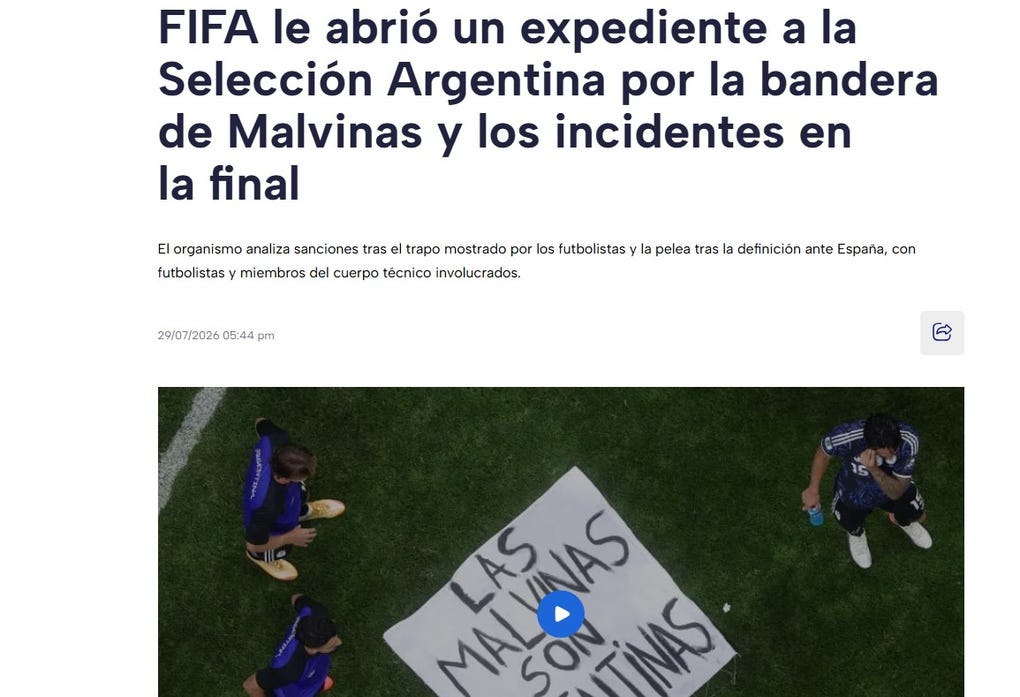 <strong>TyC Sports: </strong>FIFA le abrió un expediente a la Selección Argentina por la bandera de Malvinas y los incidentes en la final
