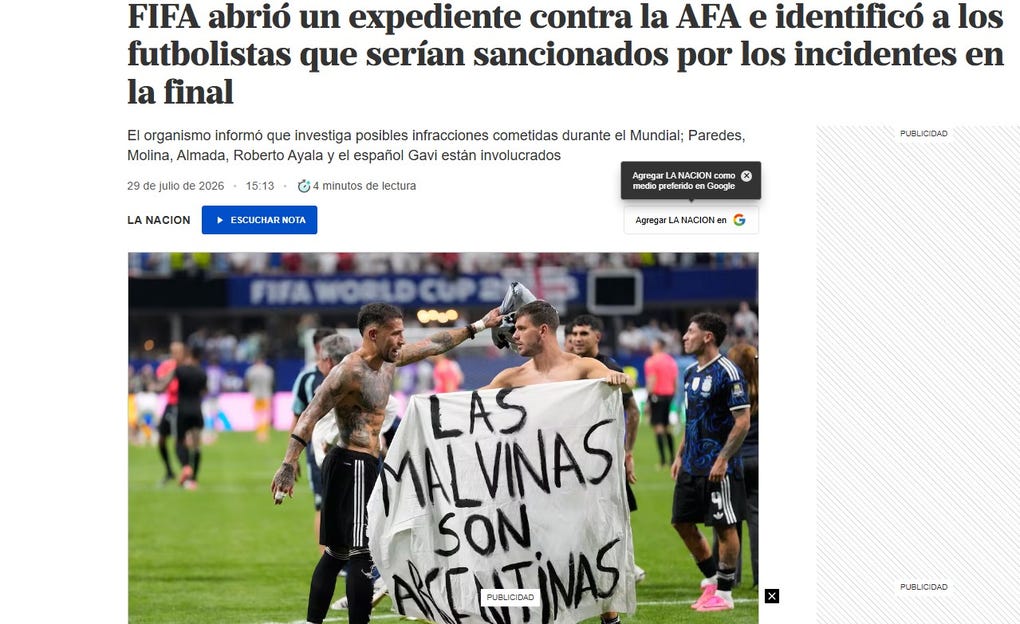 <strong>La Nación: </strong>FIFA abrió un expediente contra la AFA e identificó a los futbolistas que serían sancionados por los incidentes en la final