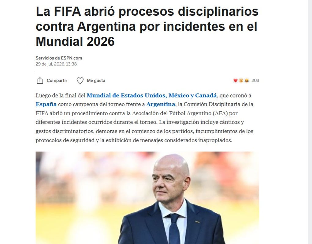 <strong>ESPN de Argentina:</strong> La FIFA abrió procesos disciplinarios contra Argentina por incidentes en el Mundial 2026