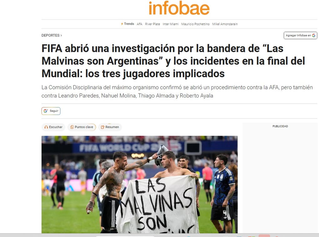 <strong>Infobae de Argentina:</strong> FIFA abrió una investigación por la bandera de “Las Malvinas son Argentinas” y los incidentes en la final del Mundial: los tres jugadores implicados