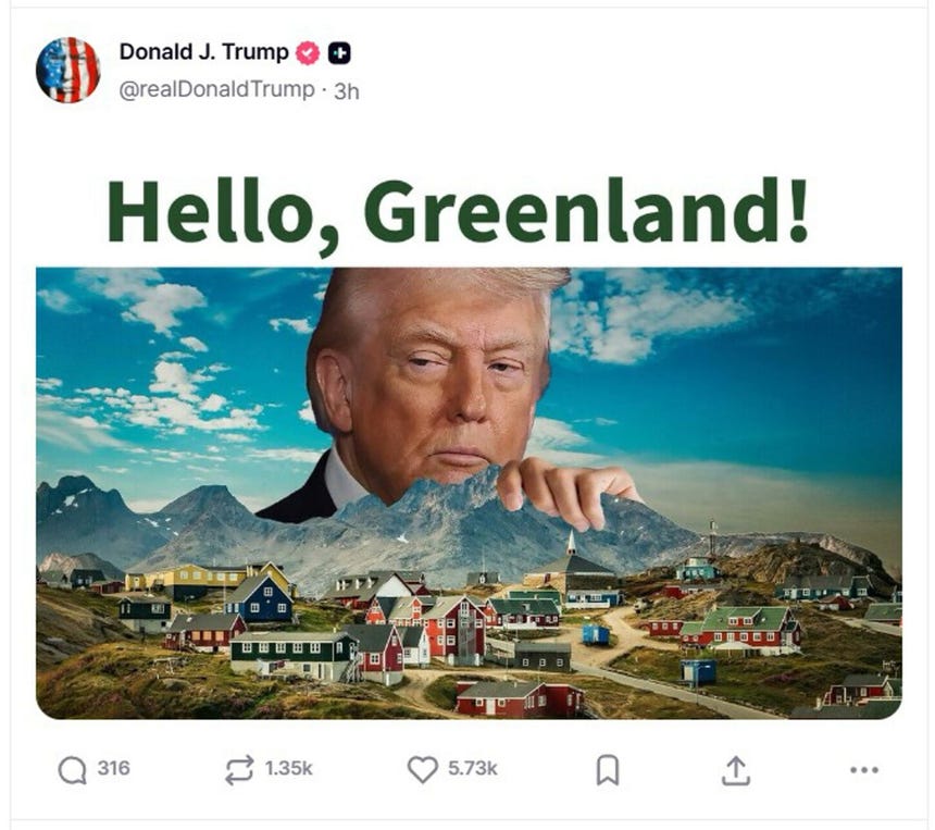 Imagen difundida en la cuenta en la red Truth Social @realDonaldTrump del presidente de EE.UU., Donald Trump, donde volvió este sábado a mostrar su interés en Groenlandia al compartir un mensaje con una fotografía suya sobre la isla con la frase, 