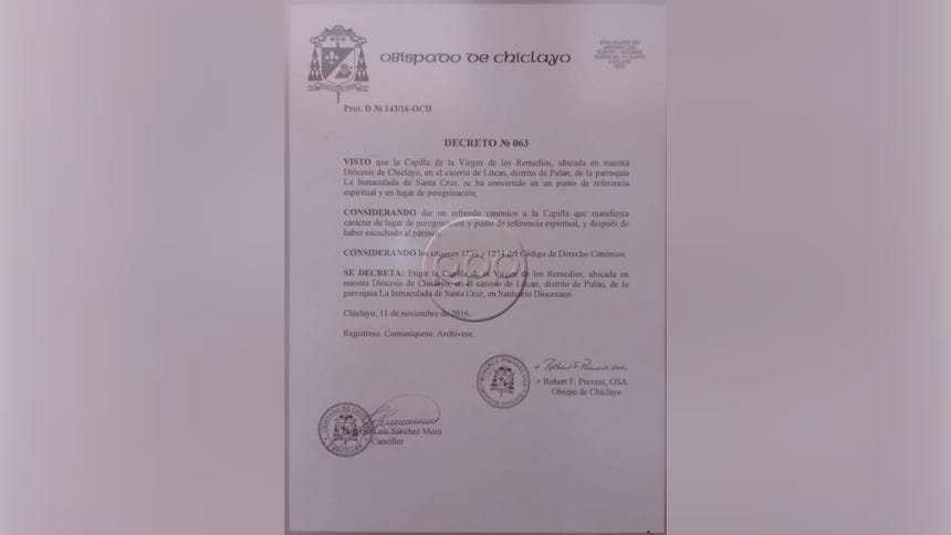 Mediante este decreto el Obispado de Chjiclayo la designa como Santuario y un punto de peregrinación.