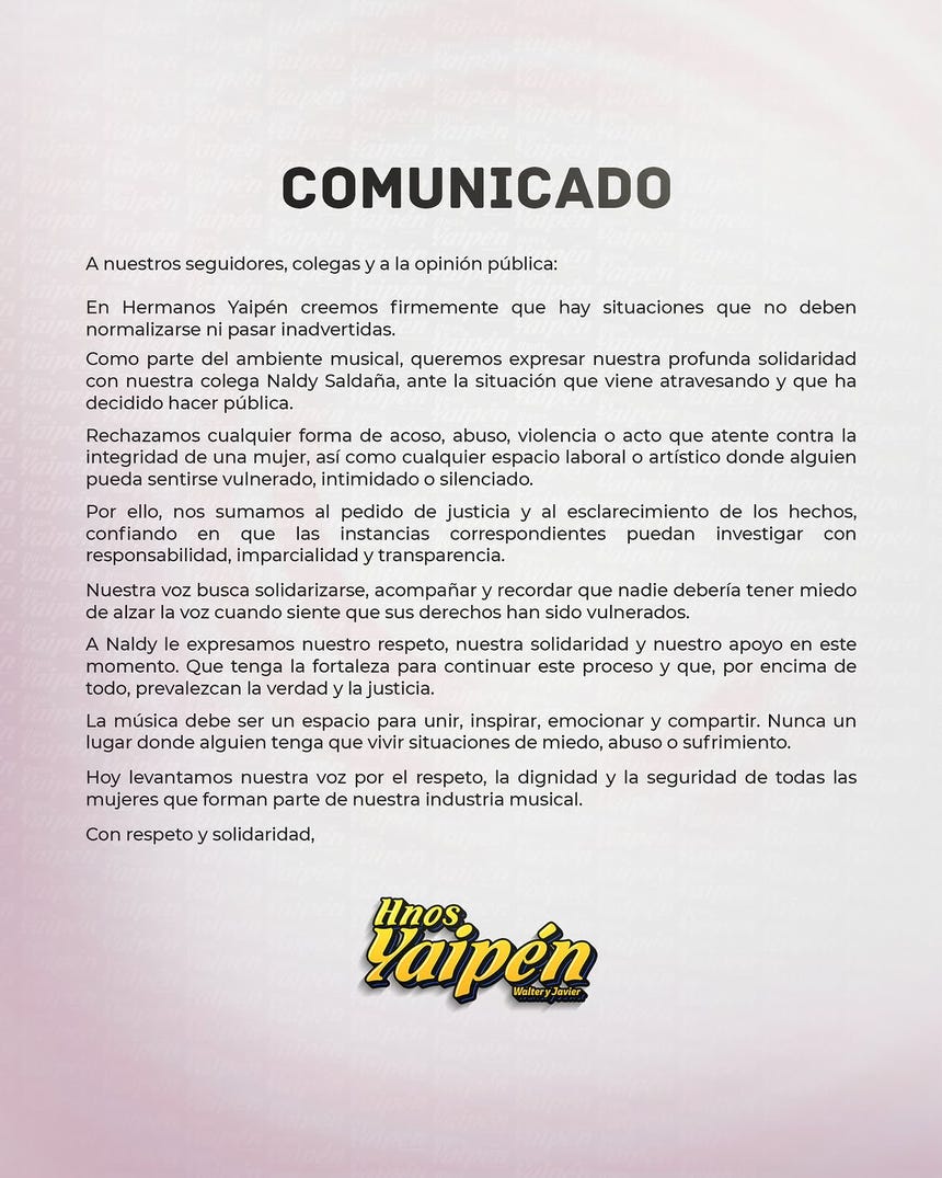 Hermanos Yaipén expresó su solidaridad con Naldy Saldaña, cantante de La Bella Luz.