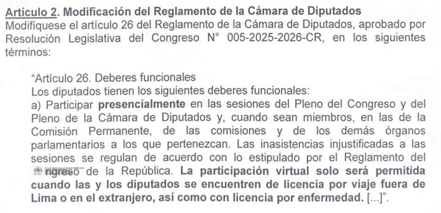 Modificación del mencionado Artículo 26 del Reglamento de la Cámara de Diputados. Inciativa de la parlamentaria Indira Huilca.