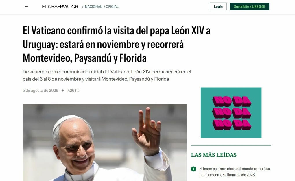 El Vaticano confirmó la visita del papa León XIV a Uruguay: estará en noviembre y recorrerá Montevideo, Paysandú y Florida