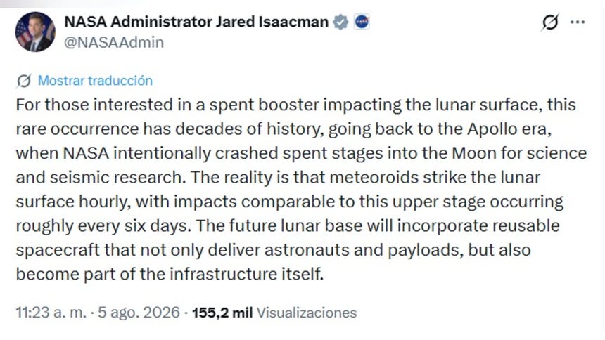 Jared Isaacman, director de la NASA, se pronunció sobre colisiones en la Luna