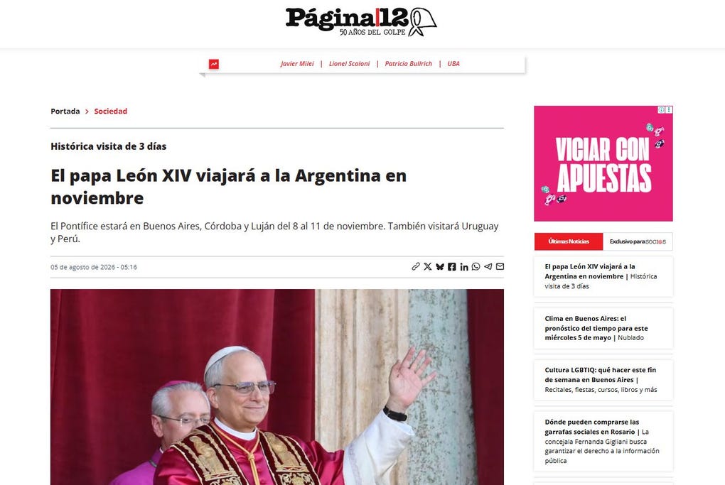 El papa León XIV viajará a la Argentina en noviembre