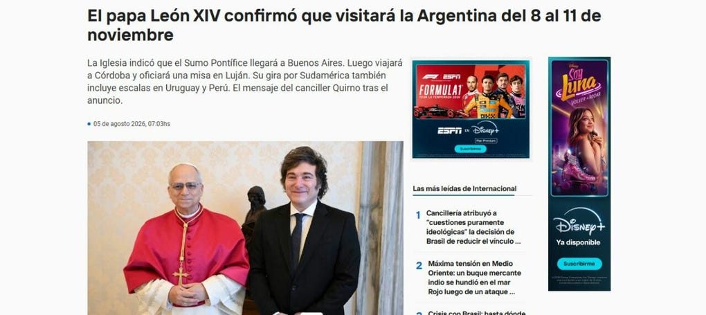 El papa León XIV confirmó que visitará la Argentina del 8 al 11 de noviembre