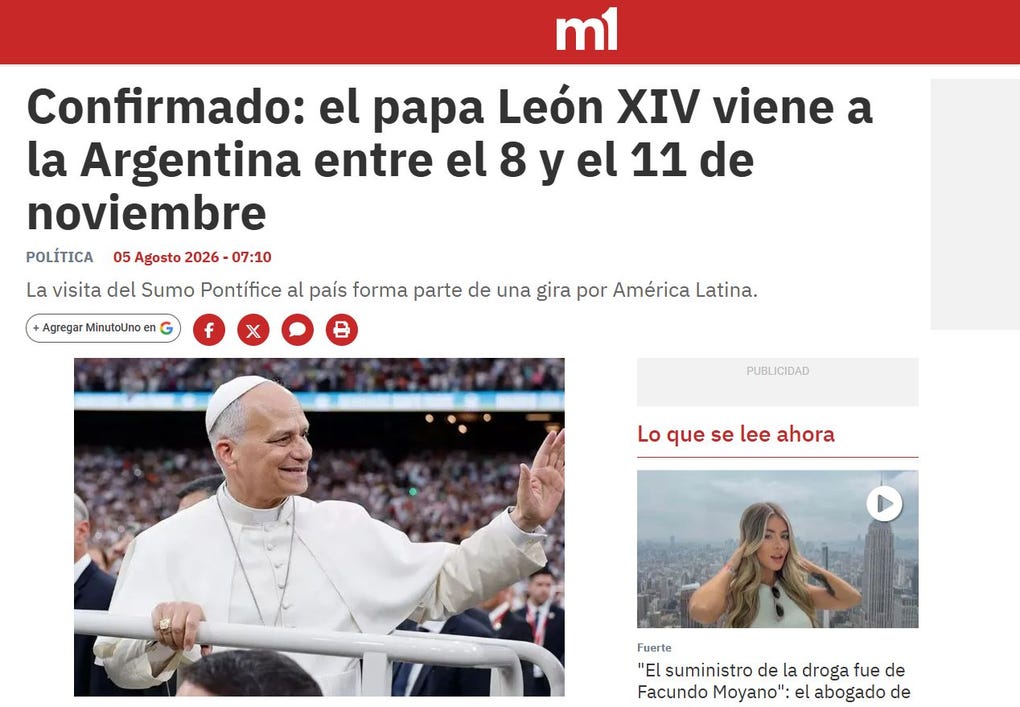 Confirmado: el papa León XIV viene a la Argentina entre el 8 y el 11 de noviembre