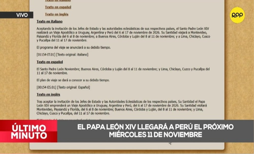 El papa León XIV llegará a Perú del 11 al 17 de noviembre