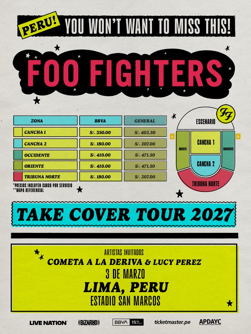 Precio de entradas para el concierto de Foo Fighters en el Estadio San Marcos.