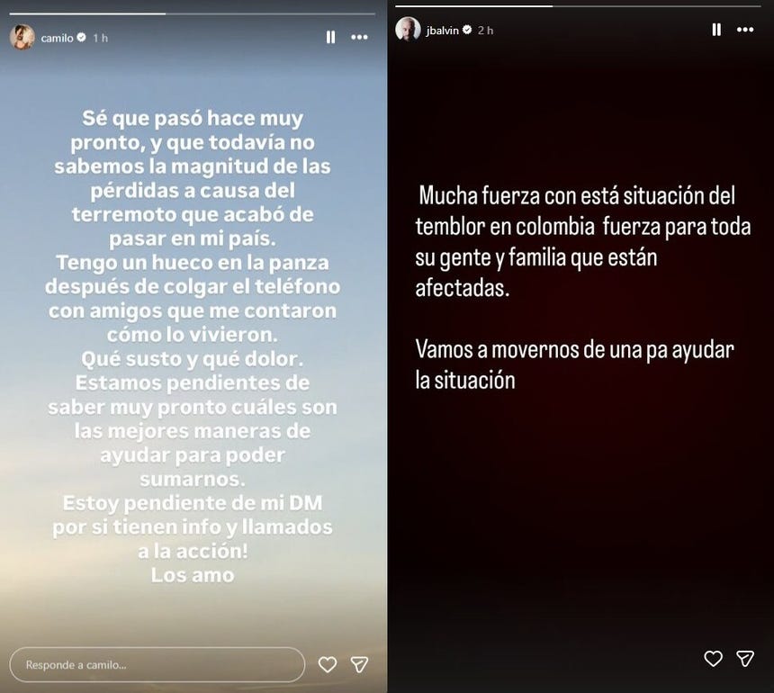 Camilo y J Balvin se pronunciaron tras sismo de 7.4 en Colombia.