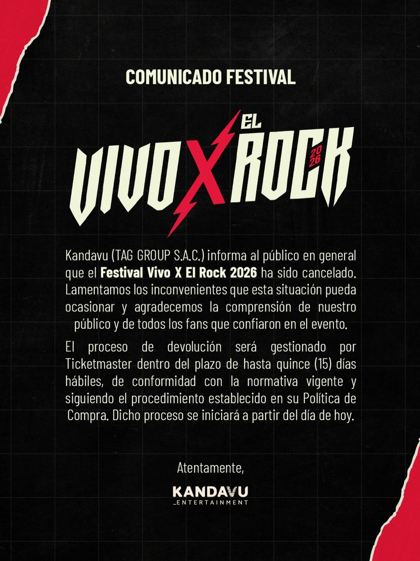 Vivo x el Rock 2026 anuncia su cancelación por medio de un comunicado en redes sociales.