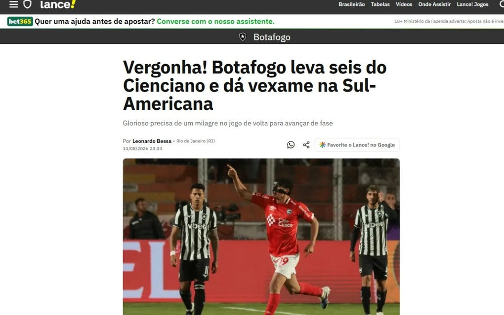 Lance de Brasil: Vergonha! Botafogo leva seis do Cienciano e dá vexame na Sul-Americana (¡Qué vergüenza! El Botafogo encaja seis goles ante el Cienciano y sufre una derrota humillante en la Sudamericana)