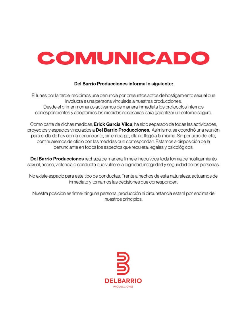 Comunicado de Del Barrio Produccione