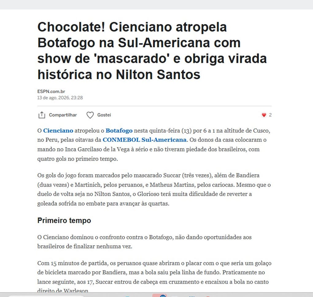 ESPN de Brasil: Chocolate! Cienciano atropela Botafogo na Sul-Americana com show de mascarado e obriga virada histórica no Nilton Santos (¡Una paliza! El Cienciano aplasta al Botafogo en la Sudamericana, liderado por la exhibición magistral de un «hombre enmascarado», obligando a una remontada histórica en el Nilton Santos)