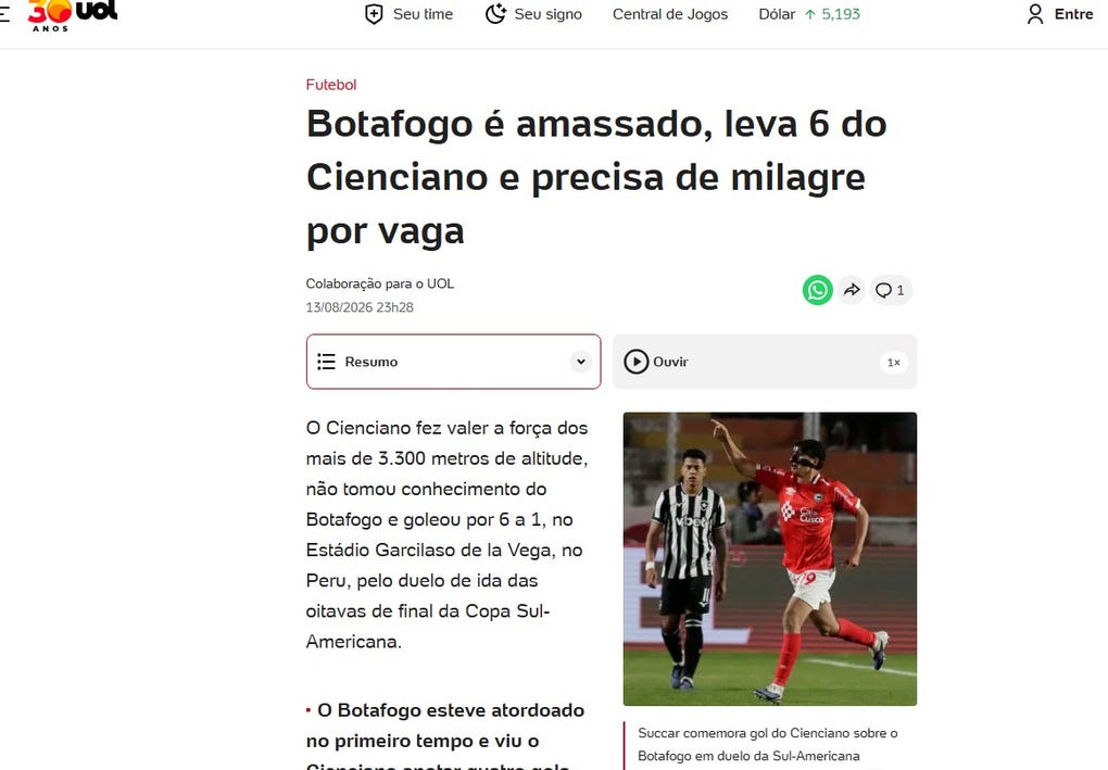 UOL de Brasil: Botafogo é amassado, leva 6 do Cienciano e precisa de milagre por vaga (El Botafogo sufre una goleada aplastante, encaja 6 goles ante el Cienciano y necesita un milagro para clasificarse)