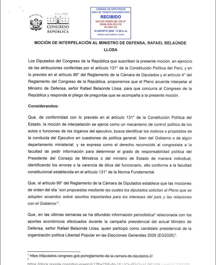 Moción de interpelación presentada por JPP contra el ministro de Defensa