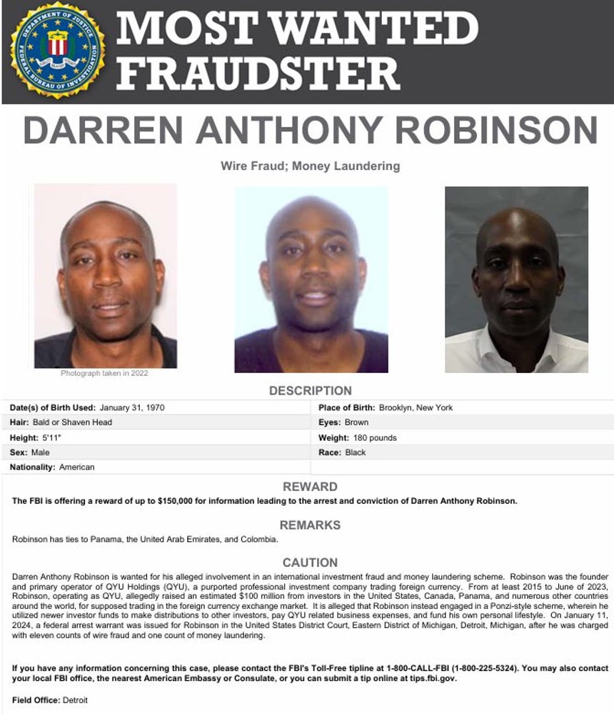 Afiche del FBI que incluye a Darren Anthony Robinson como uno de los estafadores más buscados por las autoridades de EE.UU.