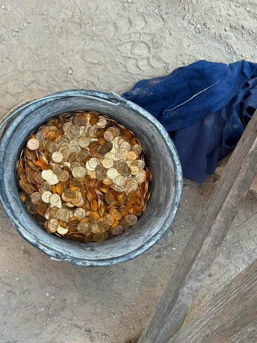 Un balde con las monedas halladas en el cofre. 