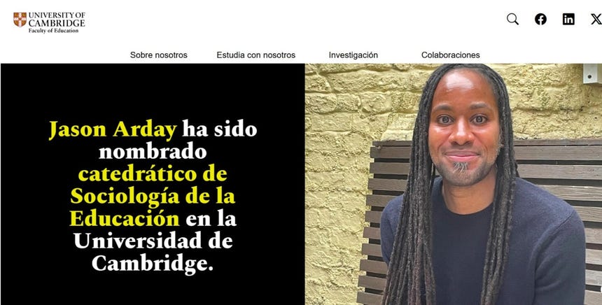 Publicación en la página web de la univesidad de Cambridge en la que se anunciaba el nombramiento de Jason Arday como profesor de sociología de la educación. 