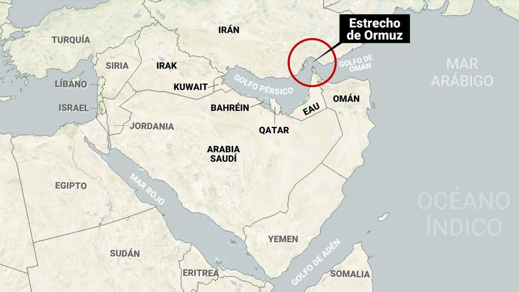 Mapa de localización del estrecho de Ormuz y los países que lo rodean en el golfo Pérsico.
