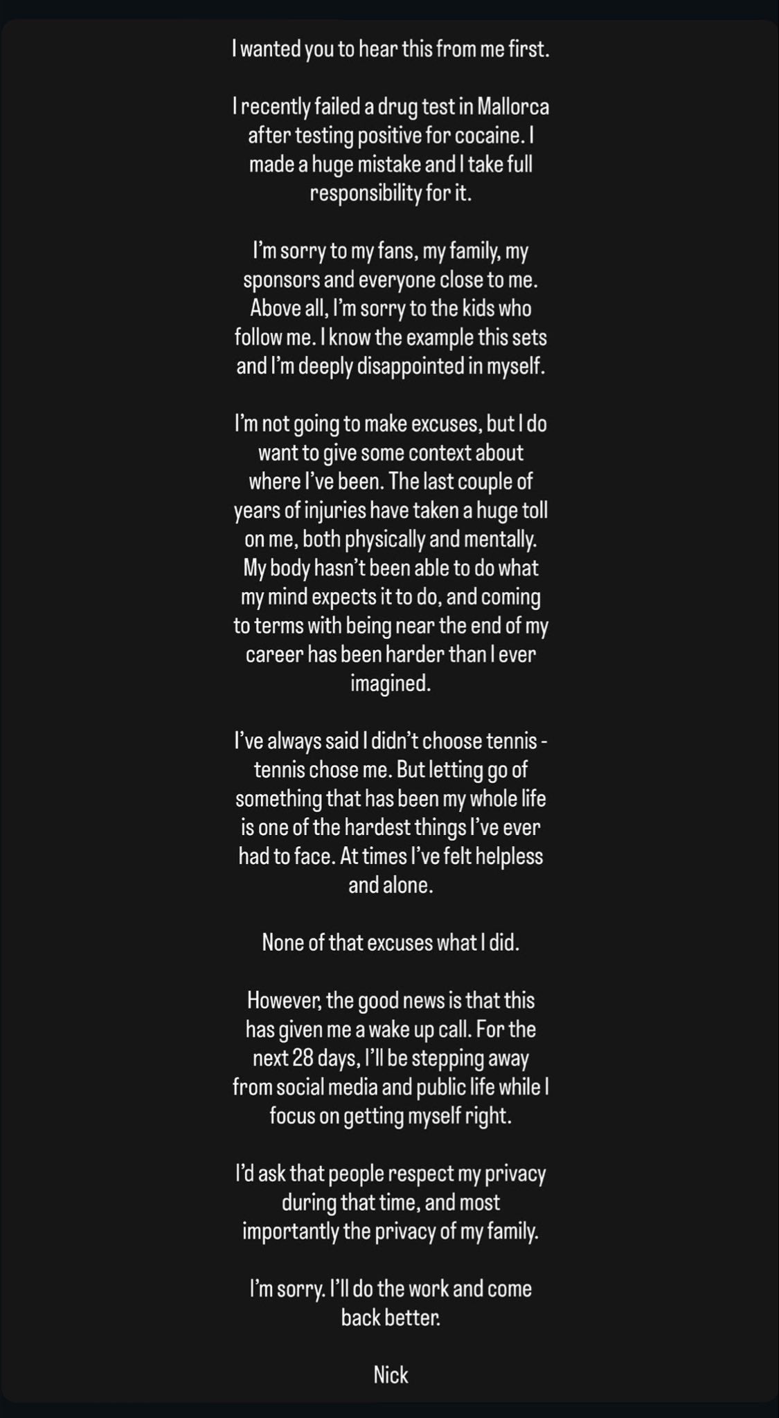Esta fue la carta de parte del australiano Nick Kyrgios.