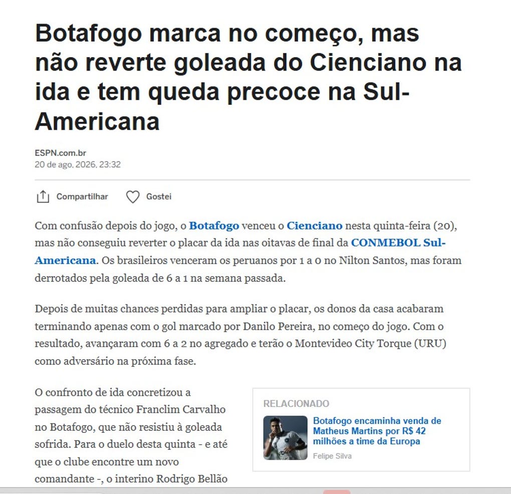 <strong>ESPN de Brasil: </strong>Botafogo marca no começo, mas não reverte goleada do Cienciano na ida e tem queda precoce na Sul-Americana (El Botafogo marca al inicio, pero no remonta la goleada sufrida ante el Cienciano en la ida y queda eliminado prematuramente de la Sudamericana)