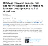 <strong>ESPN de Brasil: </strong>Botafogo marca no começo, mas não reverte goleada do Cienciano na ida e tem queda precoce na Sul-Americana (El Botafogo marca al inicio, pero no remonta la goleada sufrida ante el Cienciano en la ida y queda eliminado prematuramente de la Sudamericana)