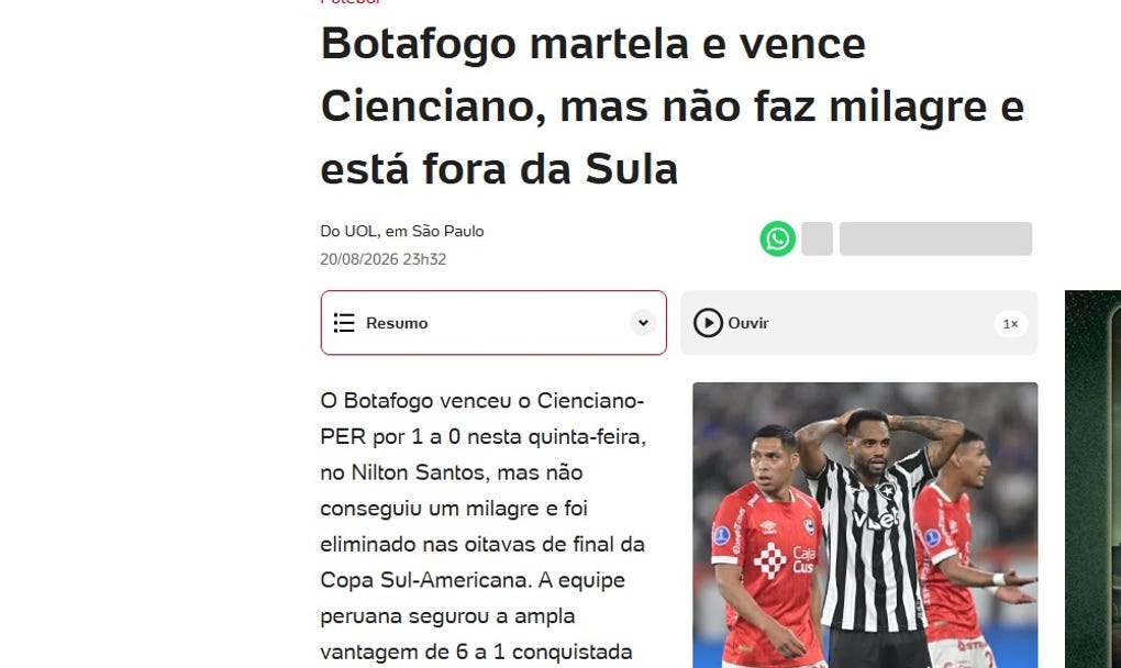 <strong>UOL de Brasil:</strong> Botafogo martela e vence Cienciano, mas não faz milagre e está fora da Sula (Botafogo golpea con fuerza y ​​vence a Cienciano, pero no hace milagros y queda fuera de la Copa Sudamericana)