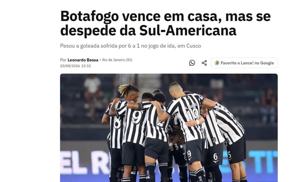 <strong>Lance de Brasil:</strong> Botafogo vence em casa, mas se despede da Sul-Americana (Botafogo gana en casa, pero se despide de la Sudamericana)