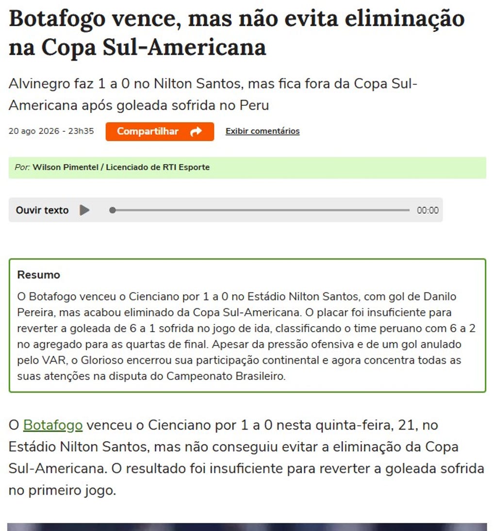 <strong>Terra de Brasil: </strong>Botafogo vence, mas não evita eliminação na Copa Sul-Americana (Botafogo gana, pero no evita la eliminación en la Copa Sudamericana)