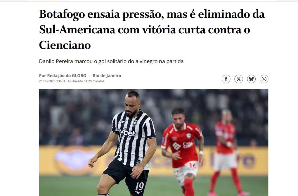 <strong>O Globo de Brasil</strong>: Botafogo ensaia pressão, mas é eliminado da Sul-Americana com vitória curta contra o Cienciano (El Botafogo intenta presionar, pero queda eliminado de la Sudamericana con una victoria insuficiente ante el Cienciano)