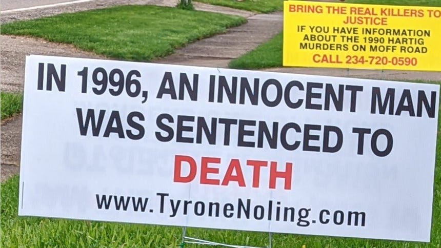 Cartel de la página web que defiende la inocencia de Tyrone Noling.