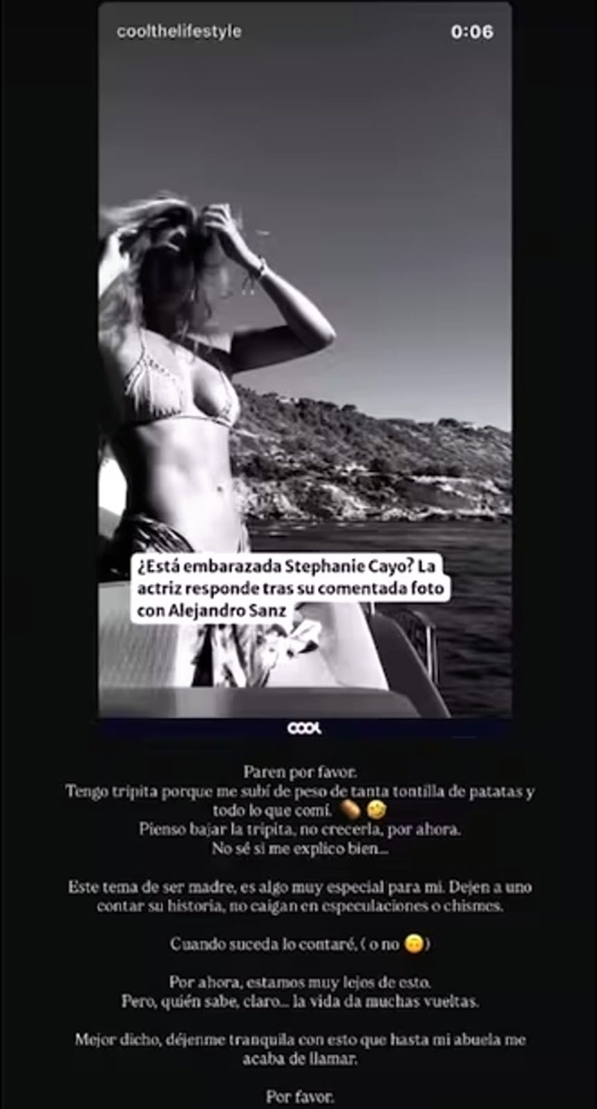 Stephanie Cayo niega estar embarazada de Alejandro Sanz en un posteo en Instagram.