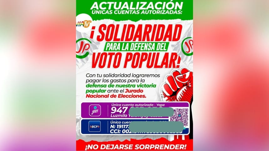Uno de los flyers de Juntos Por el perú que difundían el pedido de recaudación de fondos junto a los números de cuenta y celular correspondientes.