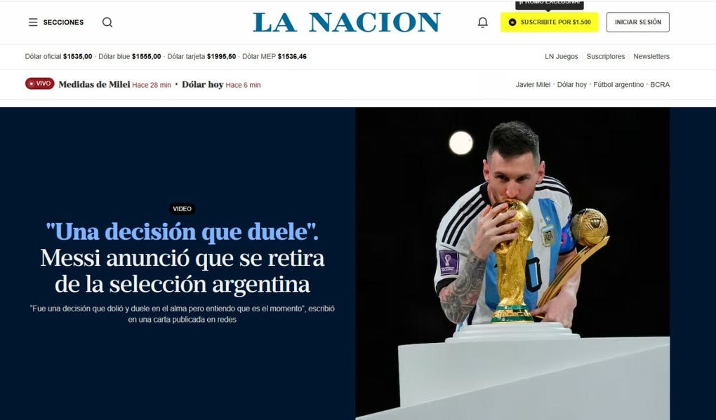 La Nación de Argentina informa sobre el retiro de Messi de la albiceste con la fotografía del Mundial obtenido en 2022.