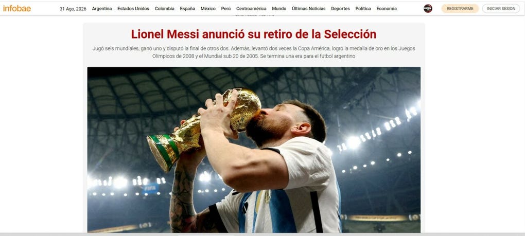 Infobae anuncia el retiro de Messi besando la copa del Mundo del año 2022.