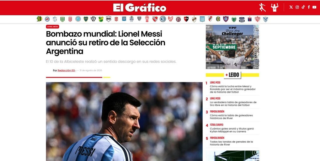 Bombazo mundial, la noticia del día 31 de agosto de 2026 es representada por el histórico diario El Gráfico de Argentina.